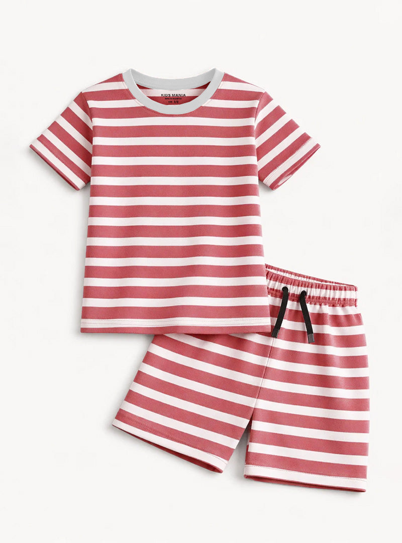 Boys Summer Striped T Shirt Shorts Set Pink