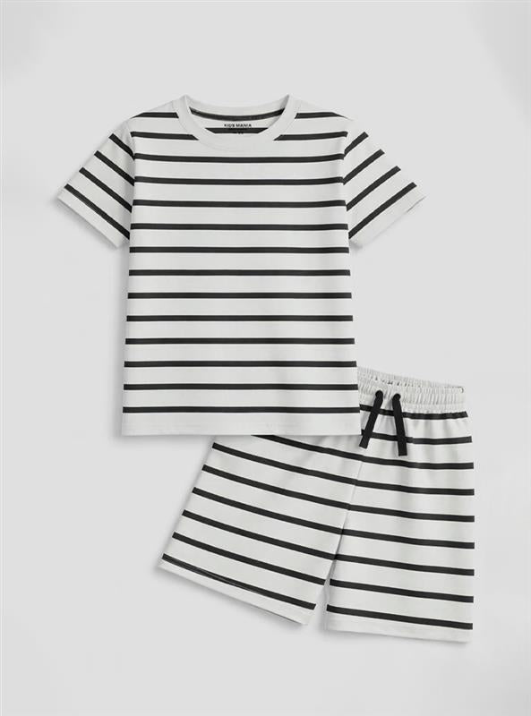 Boys Summer Striped T Shirt Shorts Set Off White Black