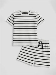 Boys Summer Striped T Shirt Shorts Set Off White Black
