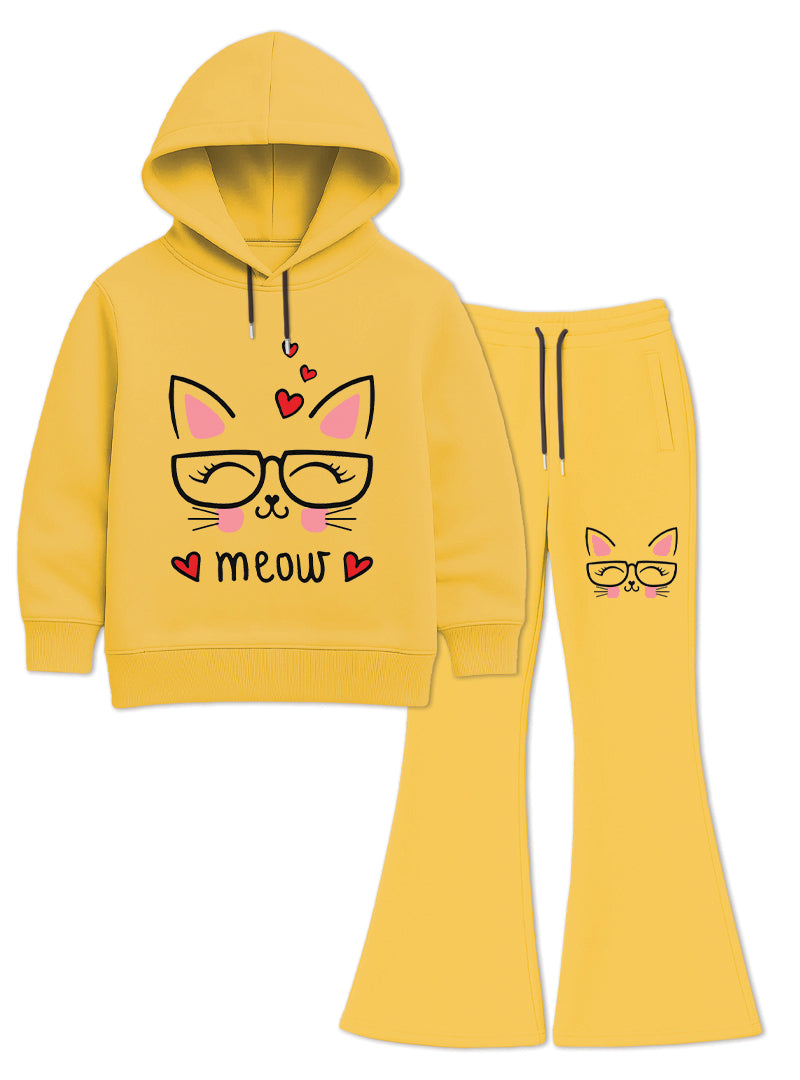 Meow Cat Winter Hoodie and Flare Trouser Set For Girls