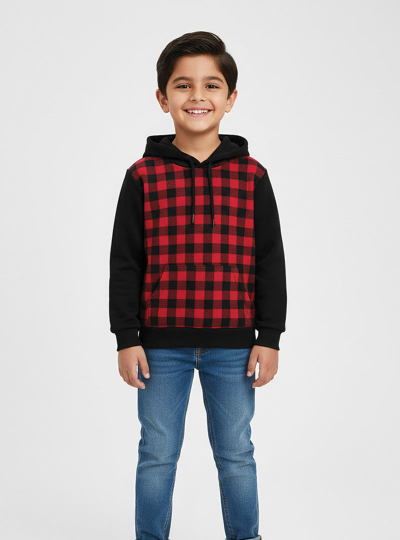 Boys Stylish Red & Black Checkered Fleece Hoodie