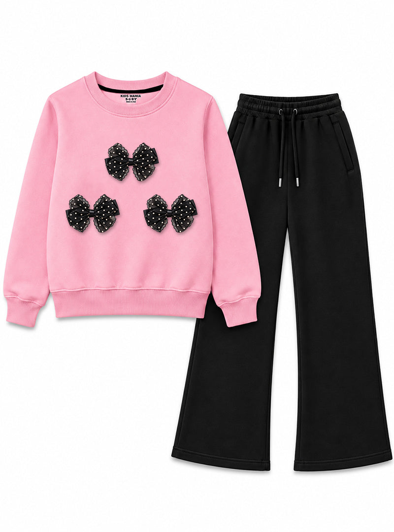 Girls Winter Set Pink & Black Bow Junior