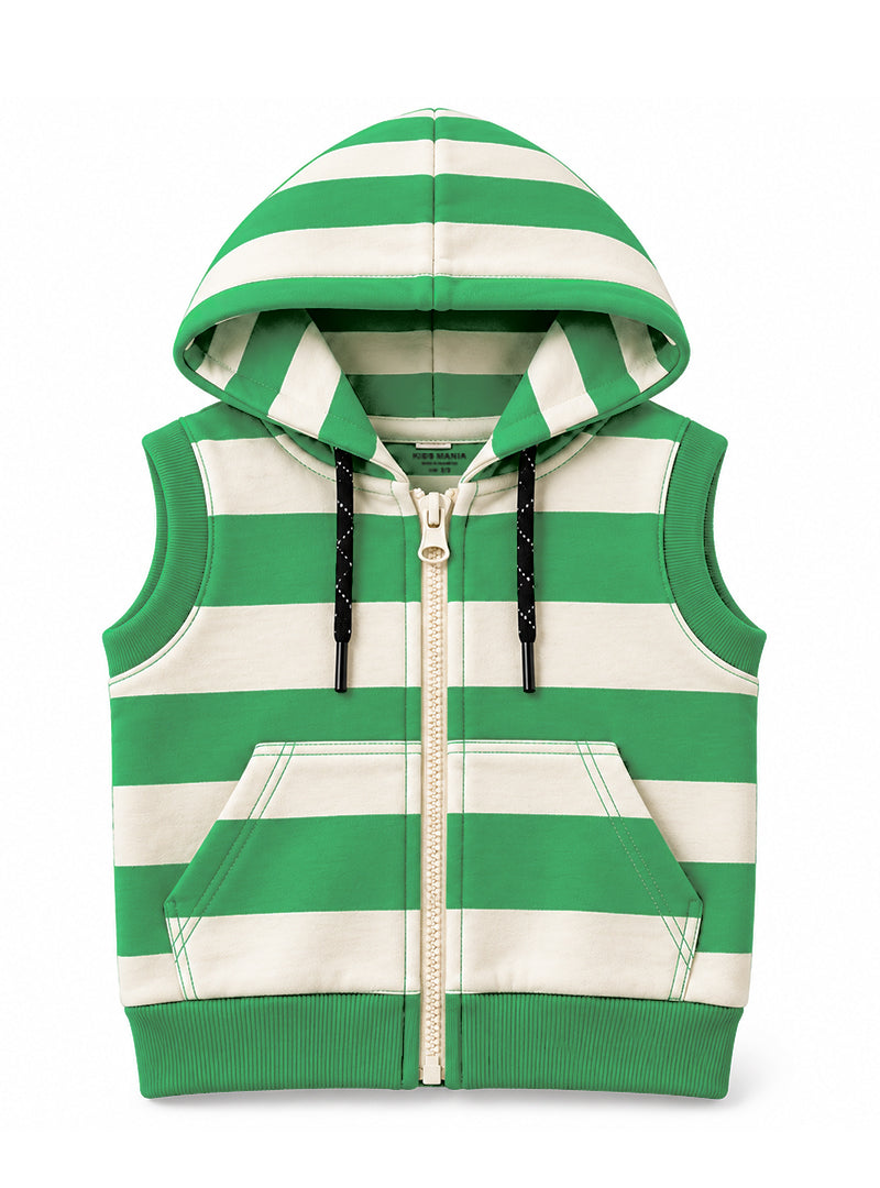 Boys Winter Sleeveless Hoodie Green Stripe