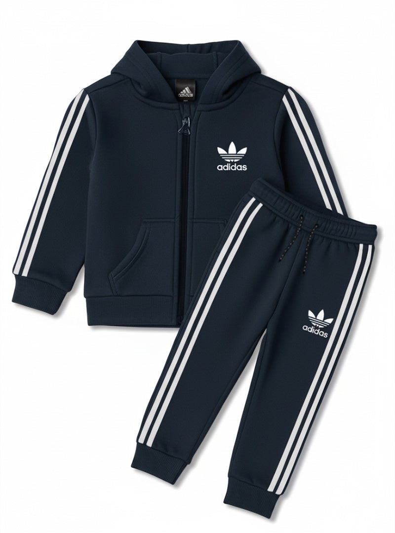 Kids Dark Grey Adidas Zip-Up Tracksuit with White Stripes