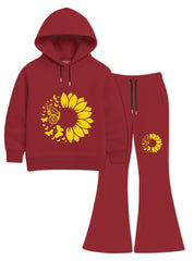 Sunflower Bloom Girls Hoodie & Flared Trouser Set