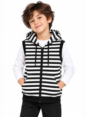 Boys Winter Sleeveless Hoodie Black & White Stripe