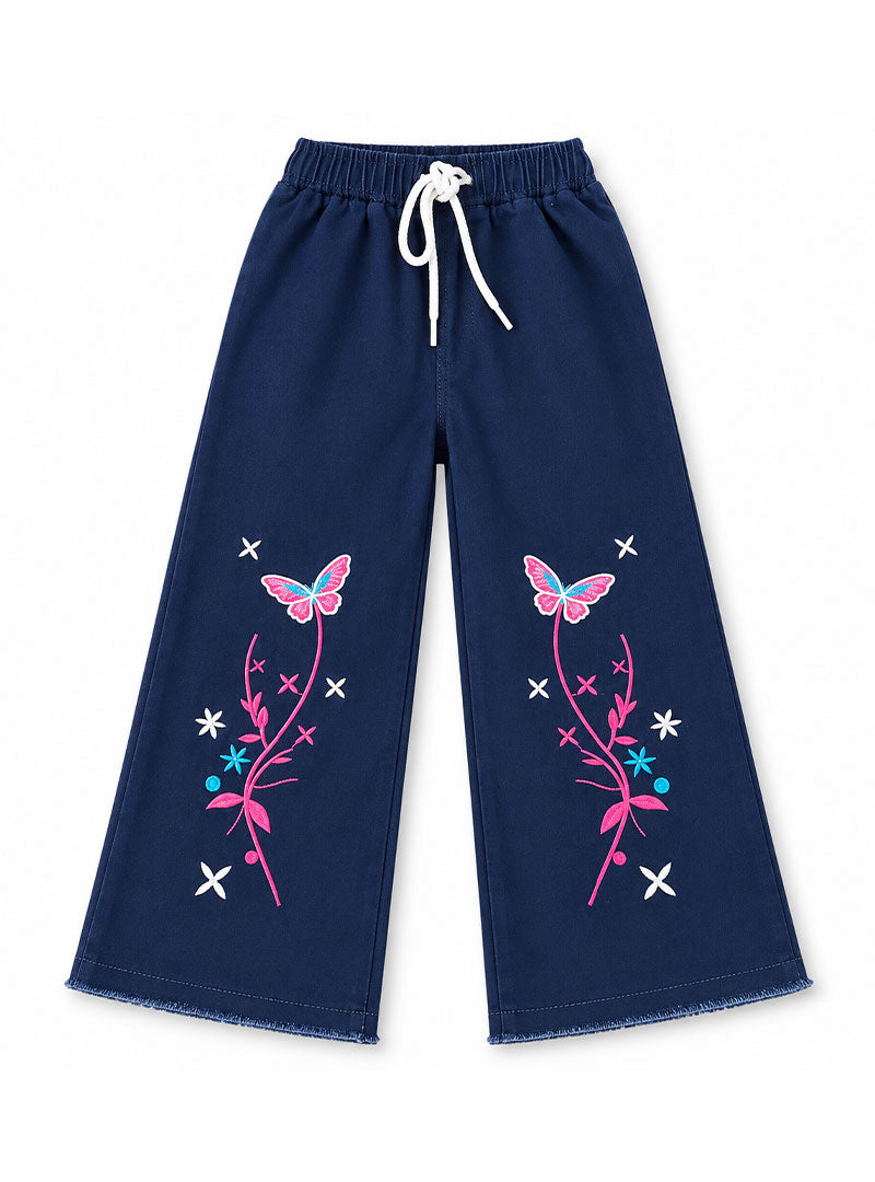 Girls Wide- Leg Jeans Pink Flutter Embroidered