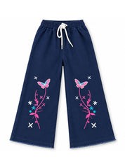 Girls Wide- Leg Jeans Pink Flutter Embroidered