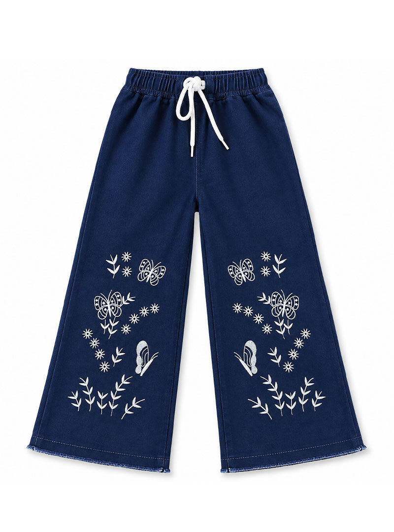 Girls Wide-Leg Jeans Navy Bloom Embroidere