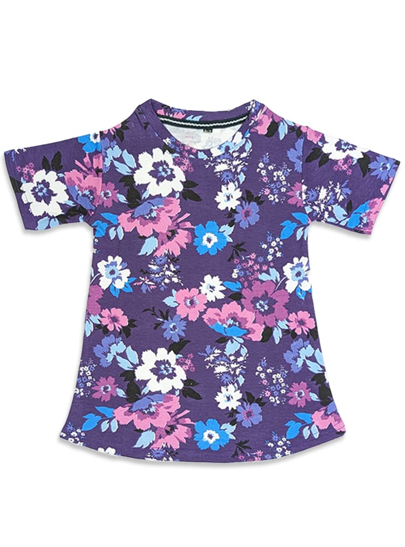 GIRLS H/S PURPLE FROCK MULTI COLOR FLOWER PRINTED