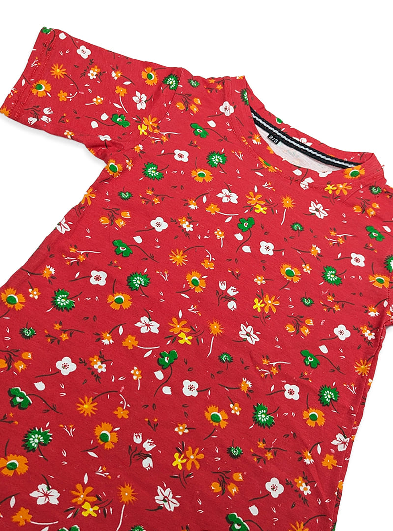 GIRLS HALF SLEEVE RED FROCK PRINTED FLOWER