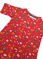 GIRLS HALF SLEEVE RED FROCK PRINTED FLOWER