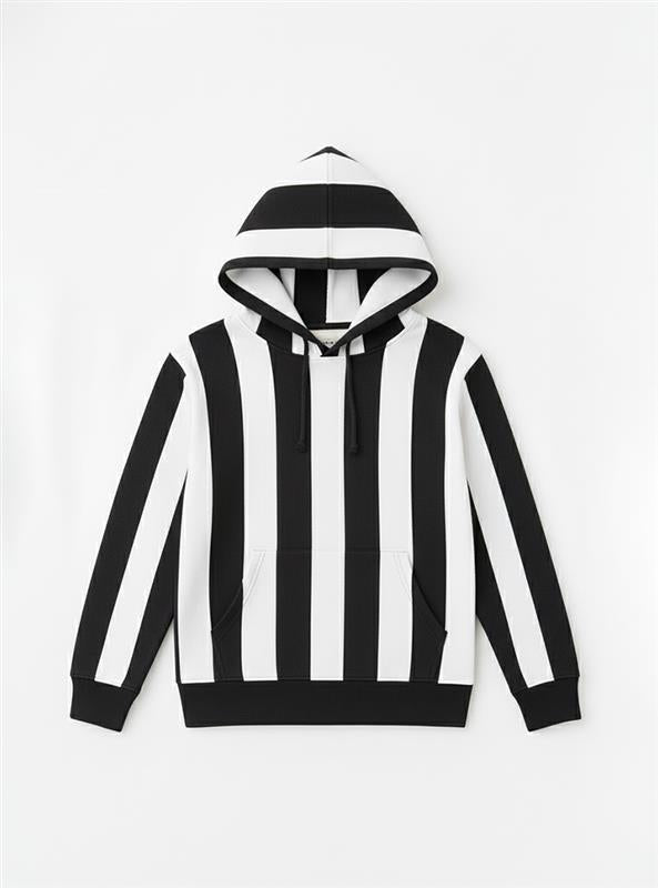 Black & White Stripes Boys Warm Hoodie with a Sporty Vibe