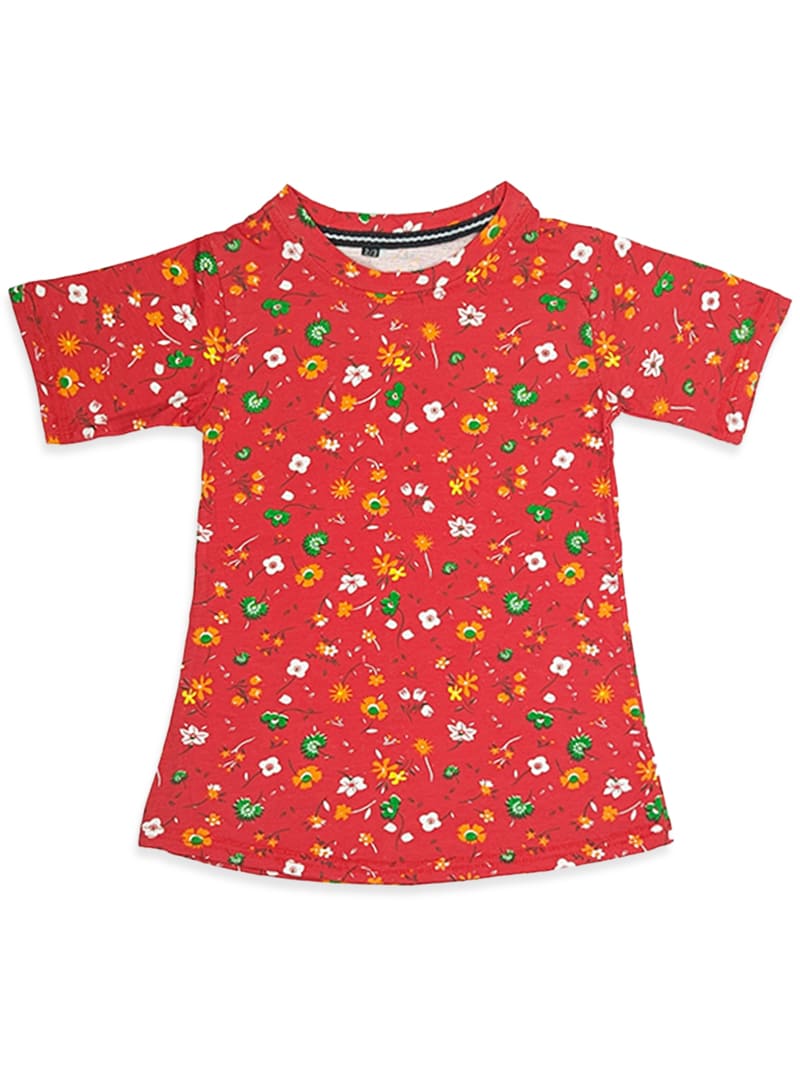 GIRLS HALF SLEEVE RED FROCK PRINTED FLOWER