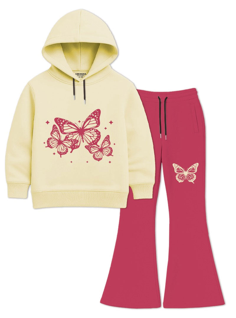 Girls Winter Hoodie Set Cream & Berry Butterfly