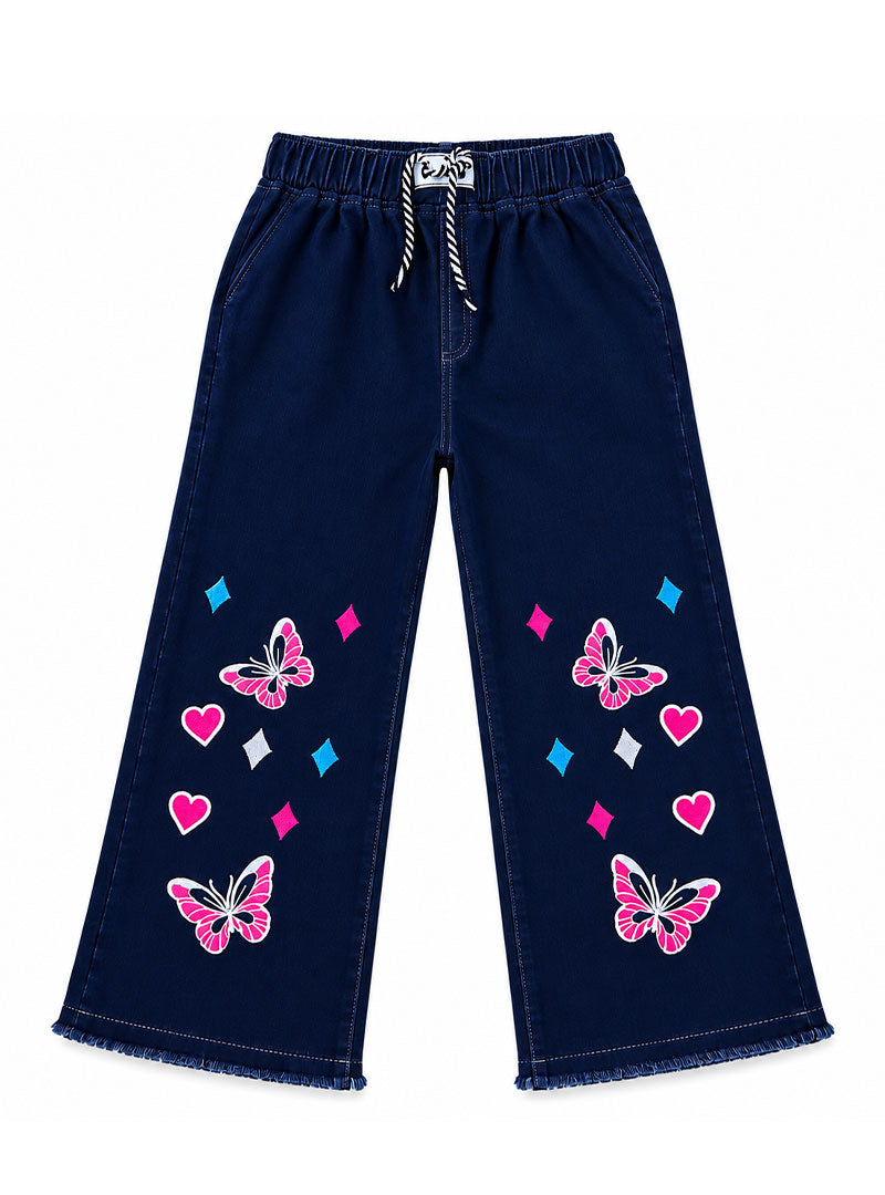 Girls Wide-Led Jeans Pink Heart Butterfly