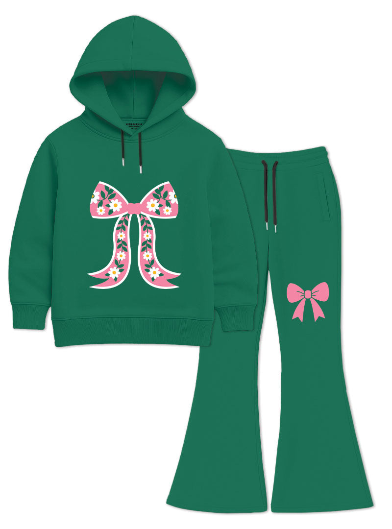 Girls Winter Hoodie Set Floral Ribbon