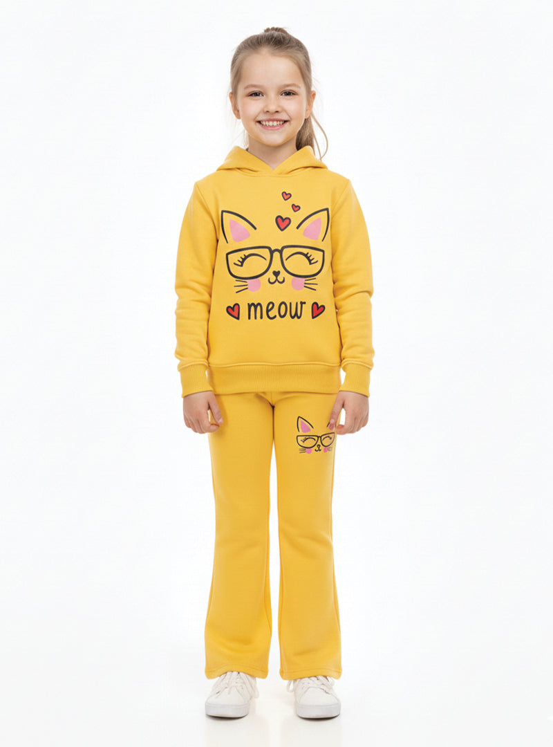 Meow Cat Winter Hoodie and Flare Trouser Set For Girls