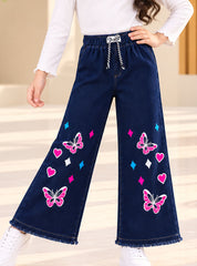 Girls Wide-Led Jeans Pink Heart Butterfly