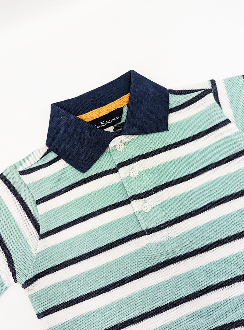 Boys Polo T-Shirt With Green Stripes Navy Blue Collar