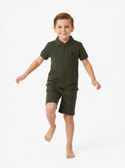 Boys Olive Zipper Polo Short Set