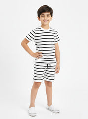 Boys Summer Striped T Shirt Shorts Set Off White Black