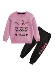 Pink & Black " Meow Print Track Suit For Girls