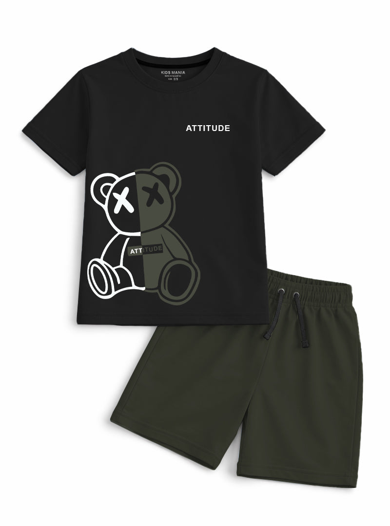 Boys Attitude Bear T Shirt Shorts Set