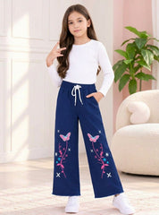Girls Wide- Leg Jeans Pink Flutter Embroidered