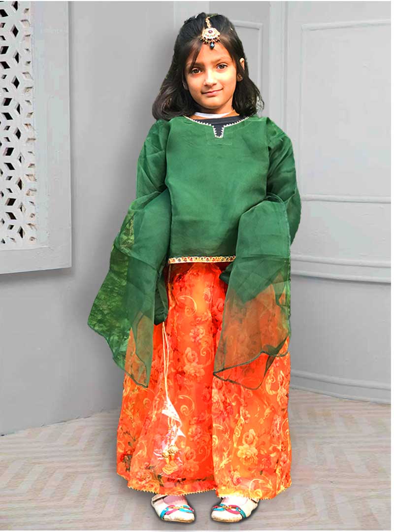 ORANGE LEHNGA WITH SHORT GREEN SHIRT