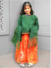 ORANGE LEHNGA WITH SHORT GREEN SHIRT