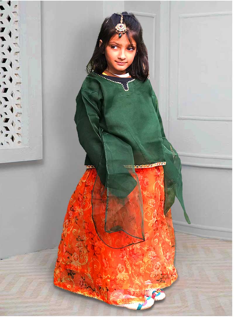 ORANGE LEHNGA WITH SHORT GREEN SHIRT