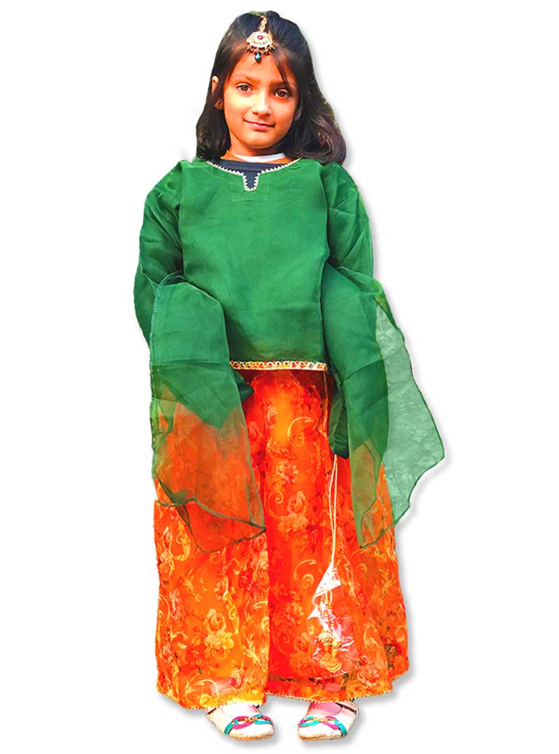 ORANGE LEHNGA WITH SHORT GREEN SHIRT