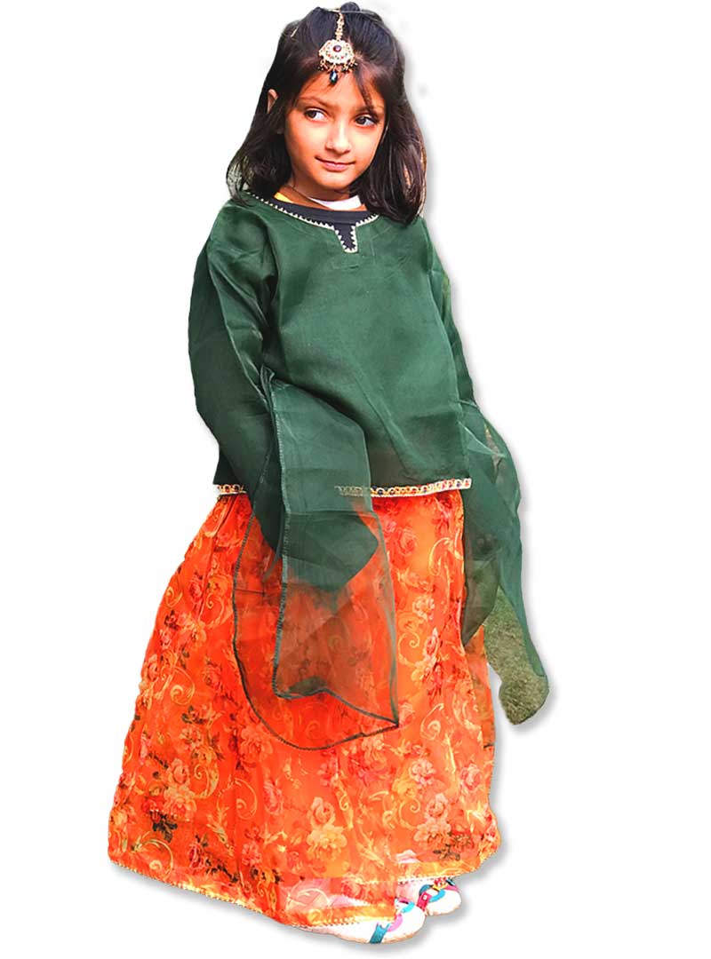 ORANGE LEHNGA WITH SHORT GREEN SHIRT